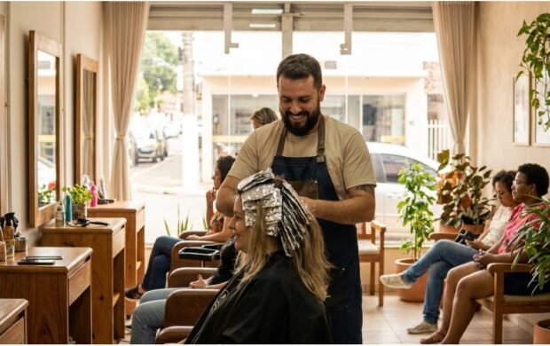 Cabeleireiro Lucas Andrade atendendo mulher em salão de beleza em Itapetininga durante o 'dia de beleza'